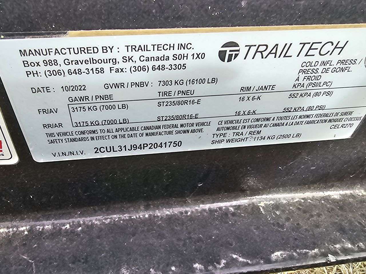 2022 Trailtech CEL 270 DT Trailer