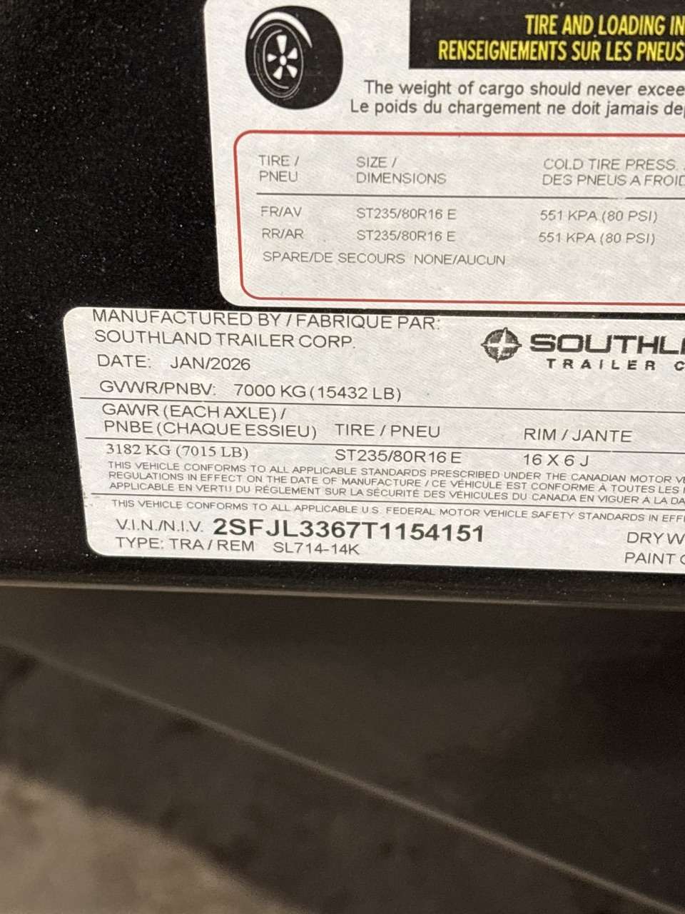 2026 Southland 14K 7' x 14' Dump Trailer