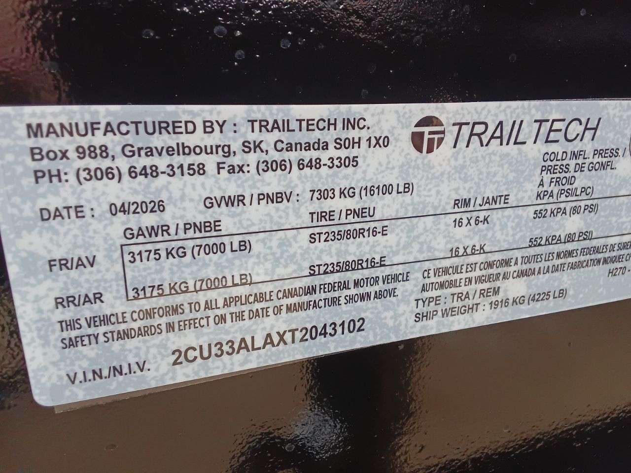 2026 Trailtech 8'6" x 20' Deckover Trailer