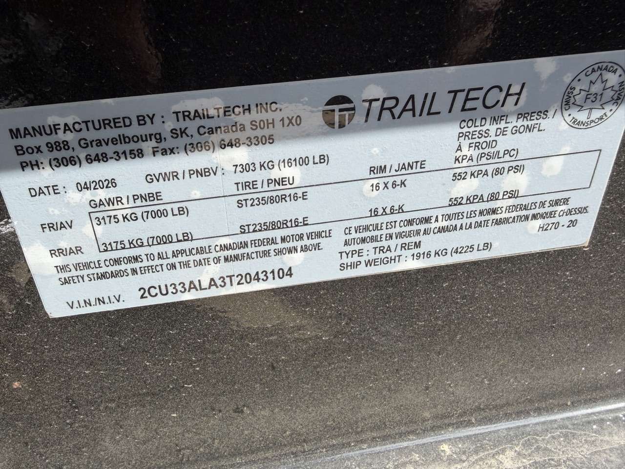 2026 Trailtech 8'6" x 20' Deckover Trailer