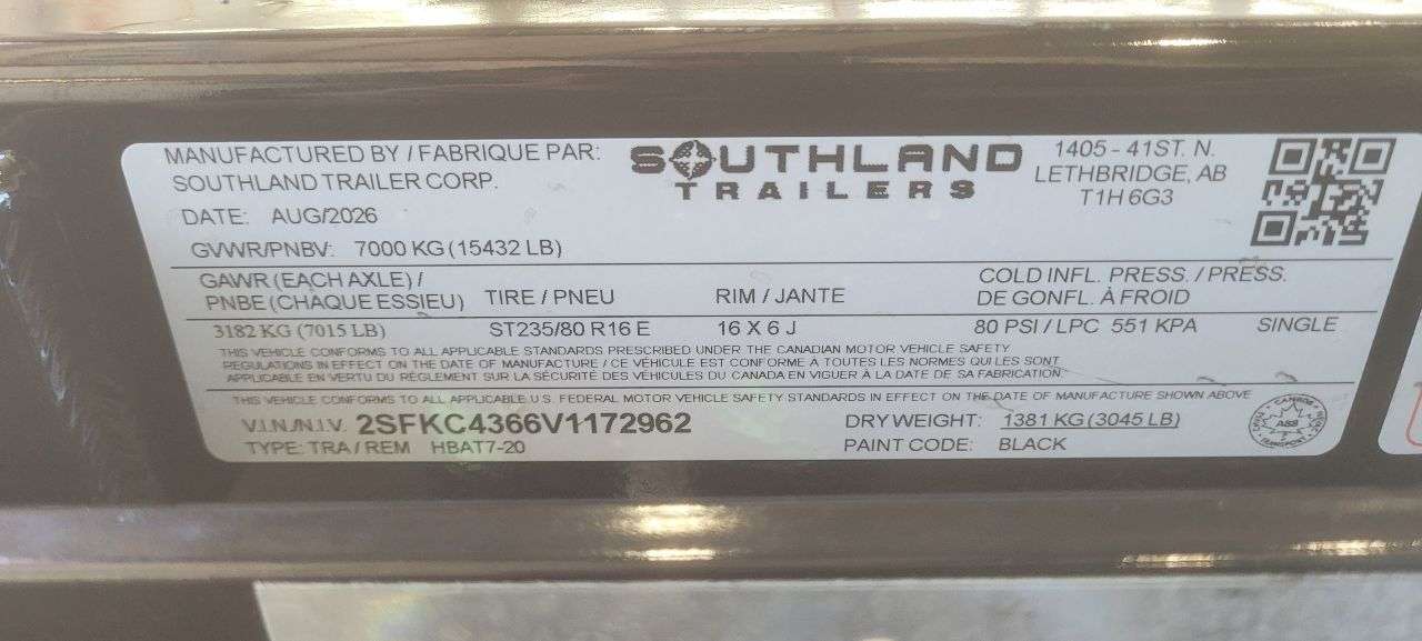 2027 Southland 20' Deckover Tandem 7K Trailer