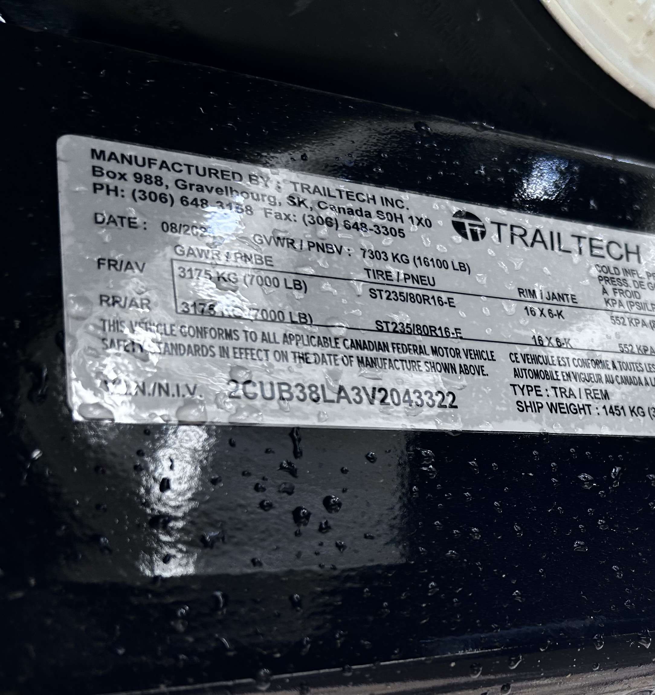 2027 Trailtech 20' (4'S+16'T) Partial Tilt Tandem 7K Trailer