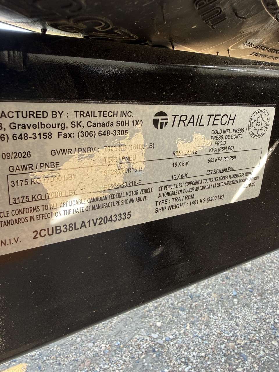 2027 Trailtech 20' (4'S+16'T) Partial Tilt Tandem 7K Trailer