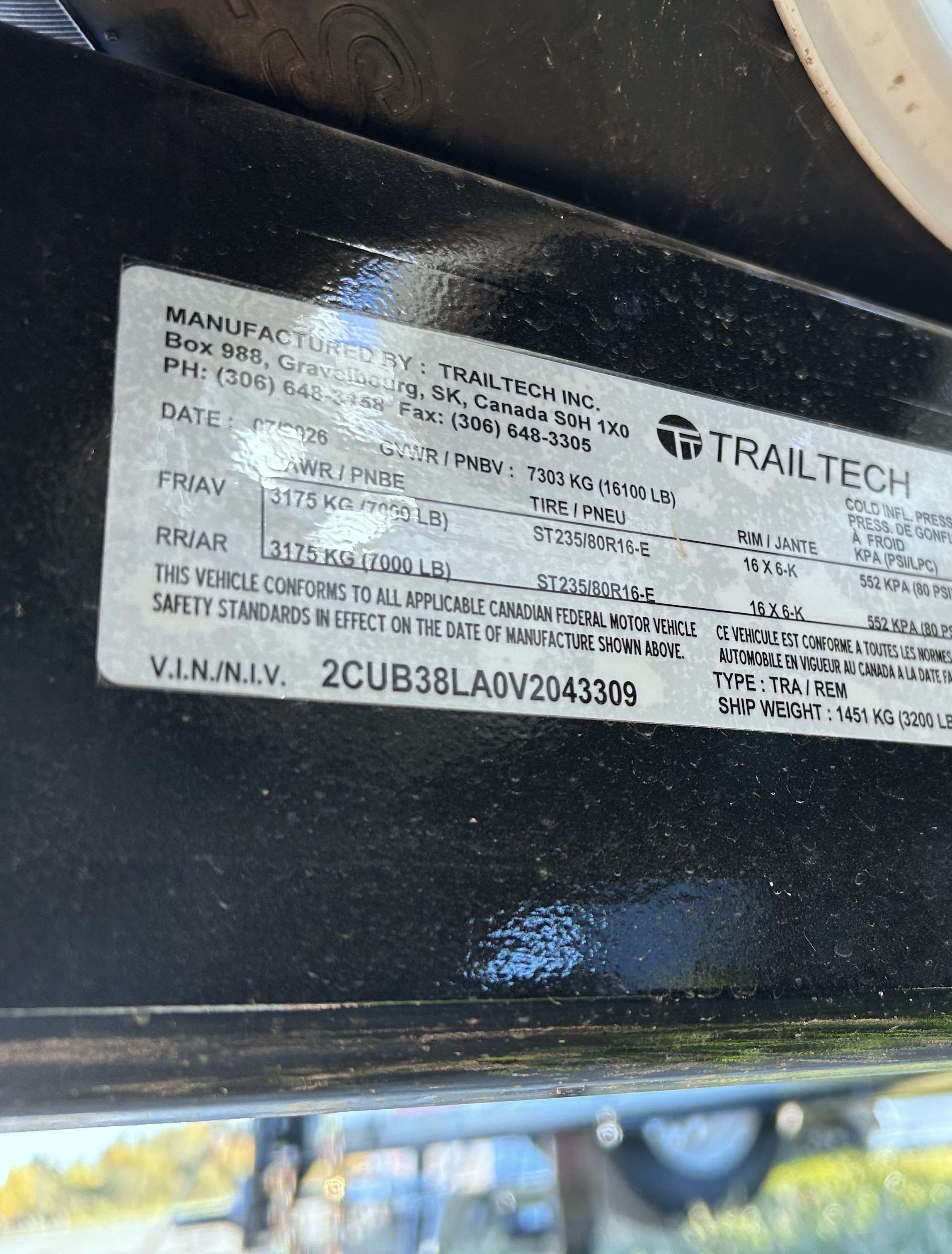 2027 Trailtech 20' (4'S+16'T) Partial Tilt Tandem 7K Trailer