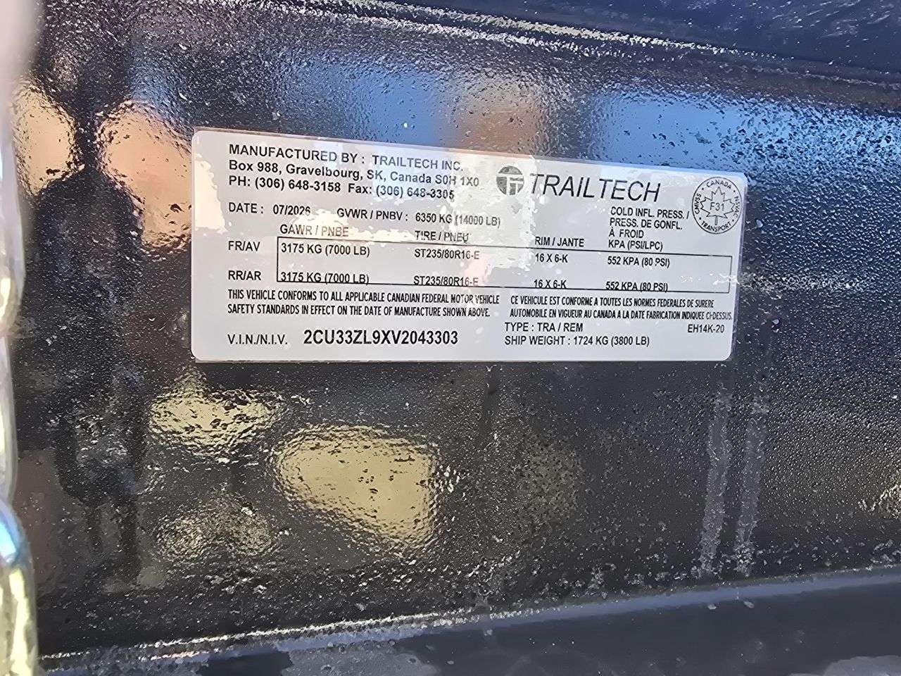 2027 Trailtech 20' Deckover Tandem 7K Trailer