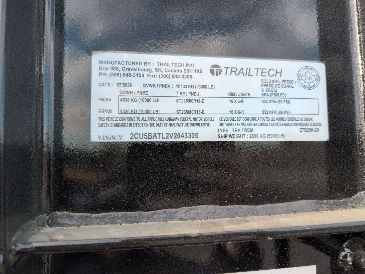 2027 Trailtech 26'+4'9" BT Deckover Tandem 10K Trailer