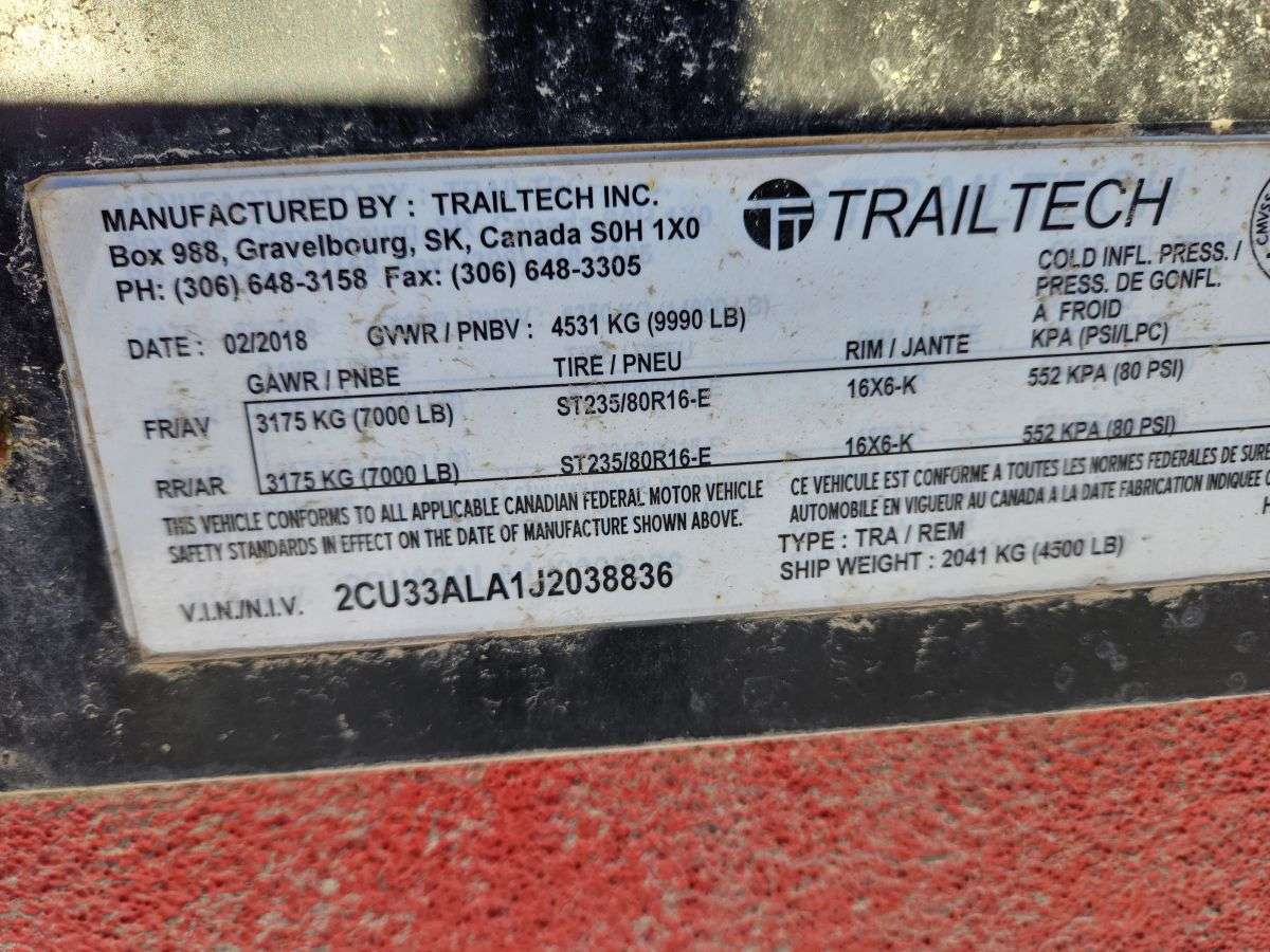Used 2018 Trailtech 8' x 20' Flat Deck Trailer