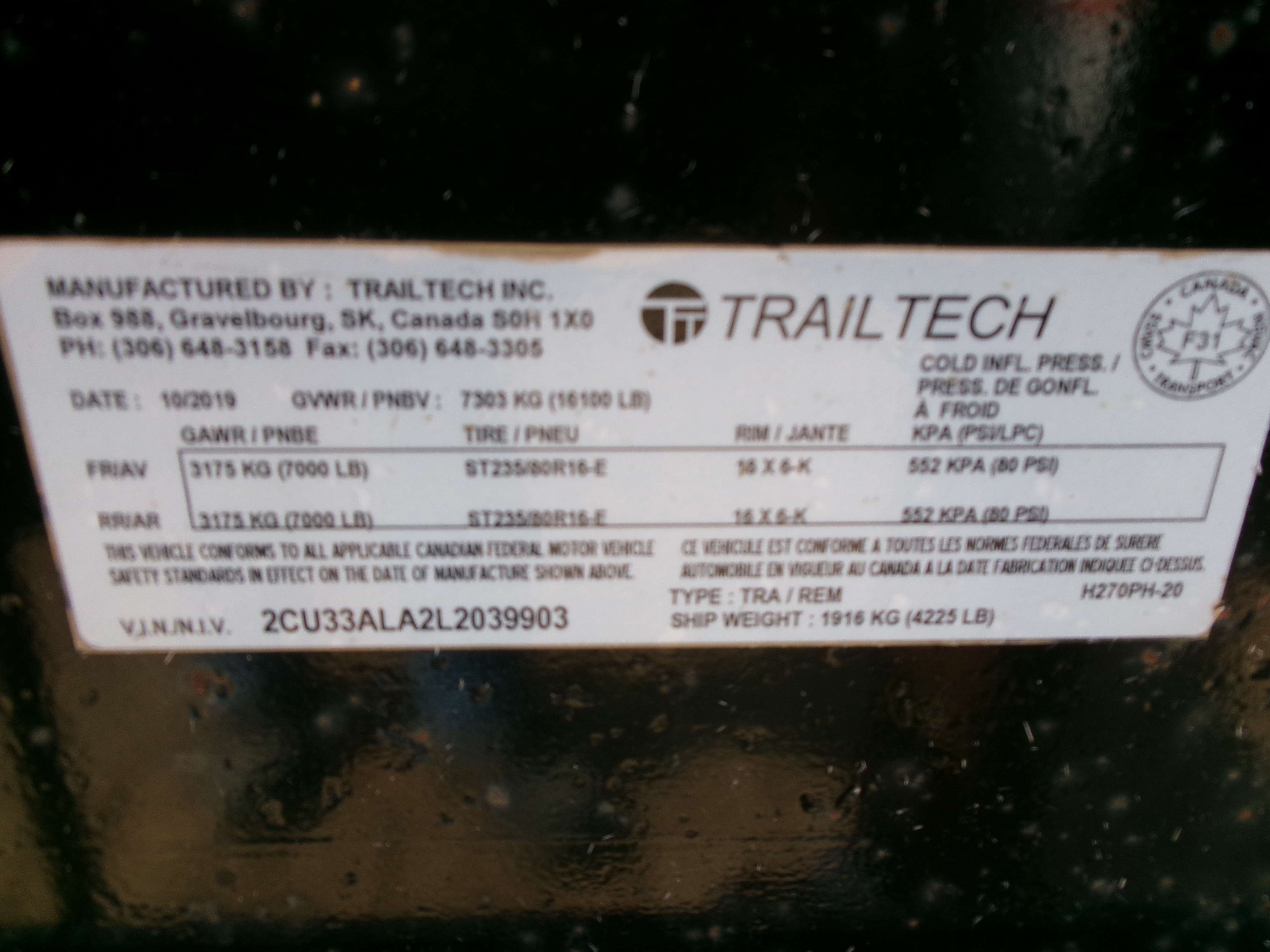 Used 2020 Trailtech 20' Flat Deck Trailer